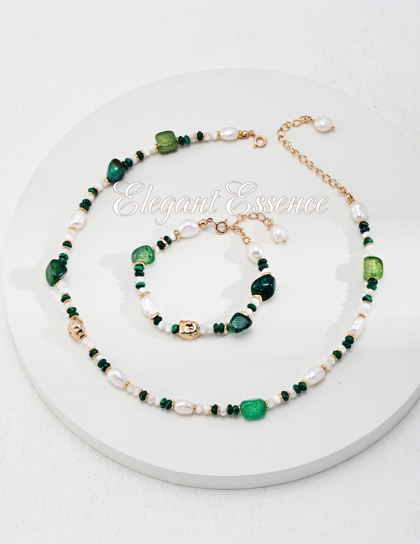 925 sterling silver, malachite, agate, pearl necklace bracelet